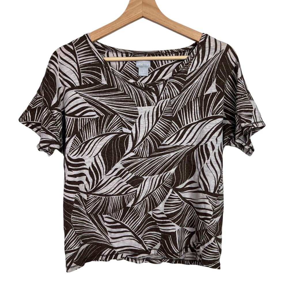 Chico's 100% Linen Womens Brown Leaf Print Short Sleeve Top Size 1 (Medium)